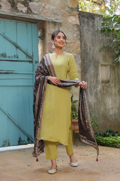 Lime Green Kurta Suit Set with Detailed Mukesh Embroidery