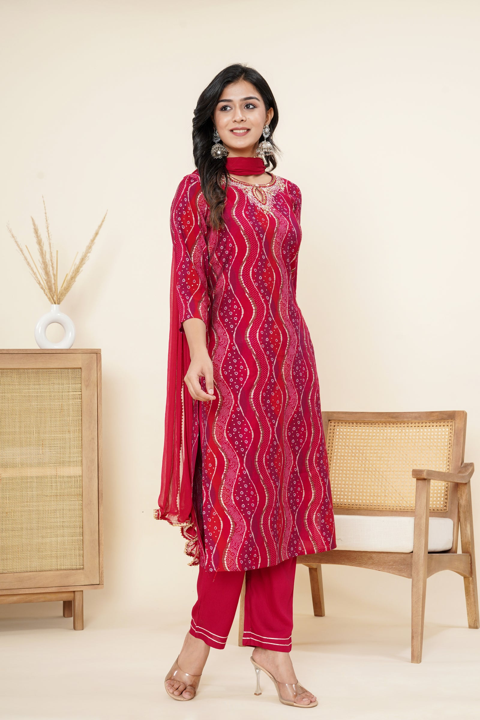 Muslin Red Zig-Zag Suit Set