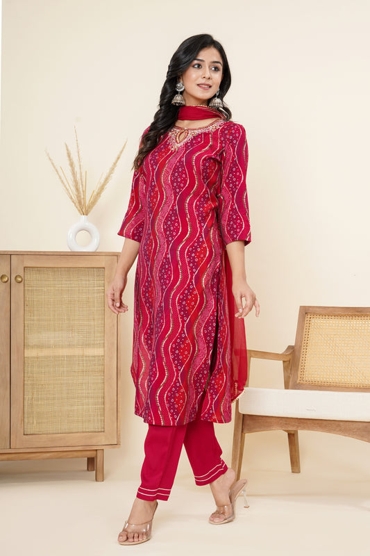 Muslin Red Zig-Zag Suit Set