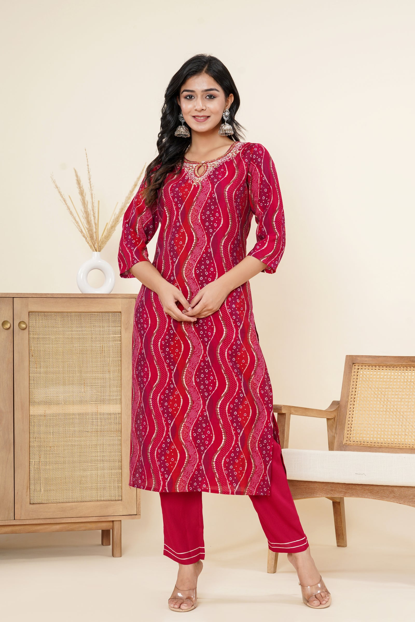 Muslin Red Zig-Zag Suit Set