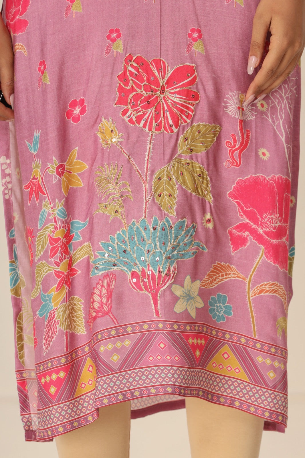 Onion Pink Crepe Floral Printed Kurti