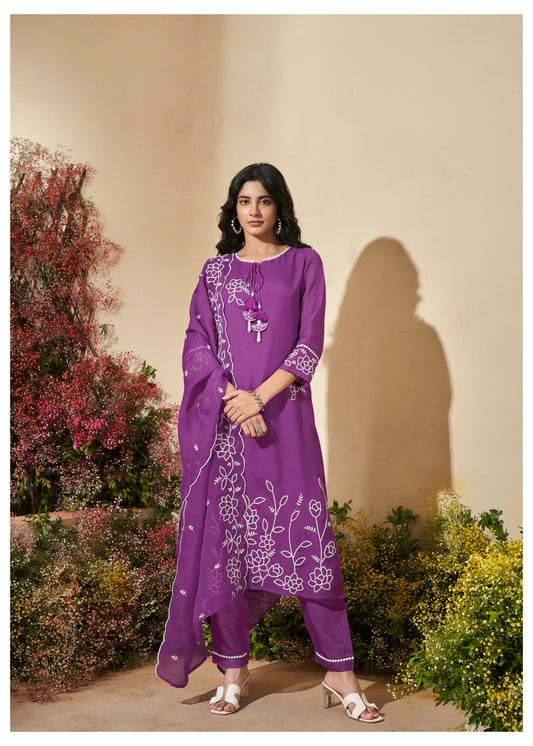 Purple Organza Embroidered Suit Set