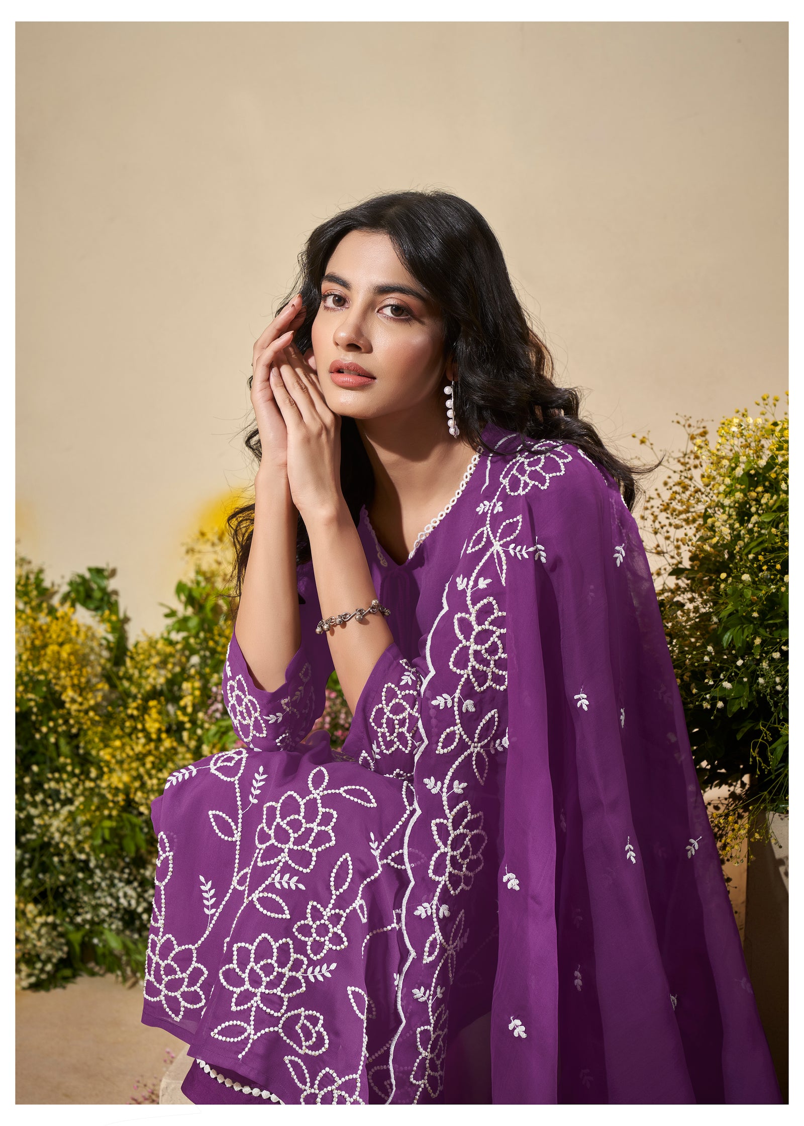 Purple Organza Embroidered Suit Set