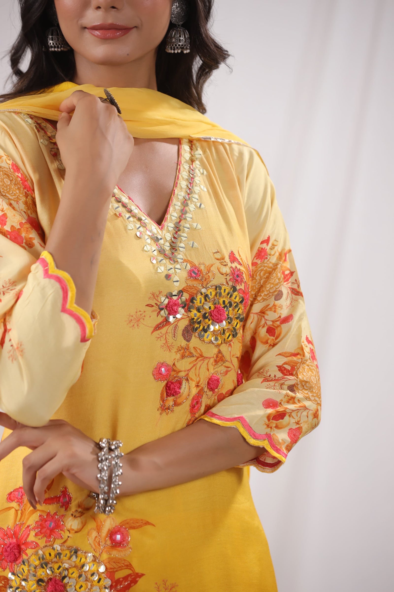 Yellow Digital Printed Muslin Anarkali with Chiffon Dupatta