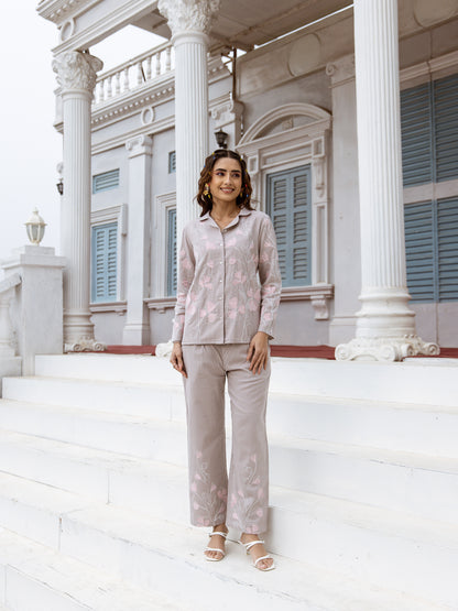 Grey Pink Embroidered Co-ord Set