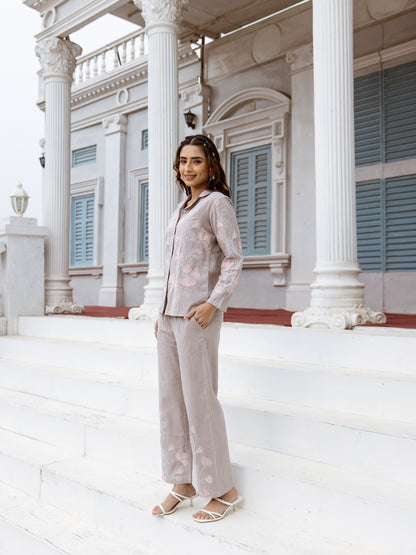 Grey Pink Embroidered Co-ord Set