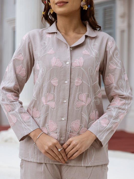 Grey Pink Embroidered Co-ord Set