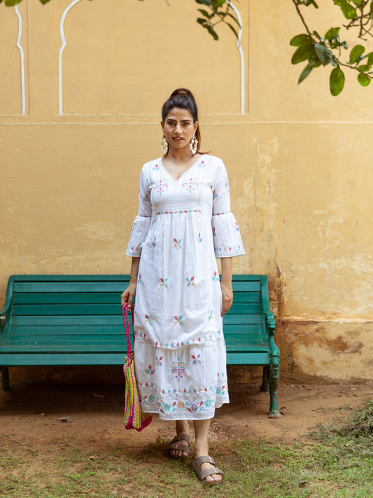 Multi-Colour Motif Embroidered V-Neck Cotton Dress