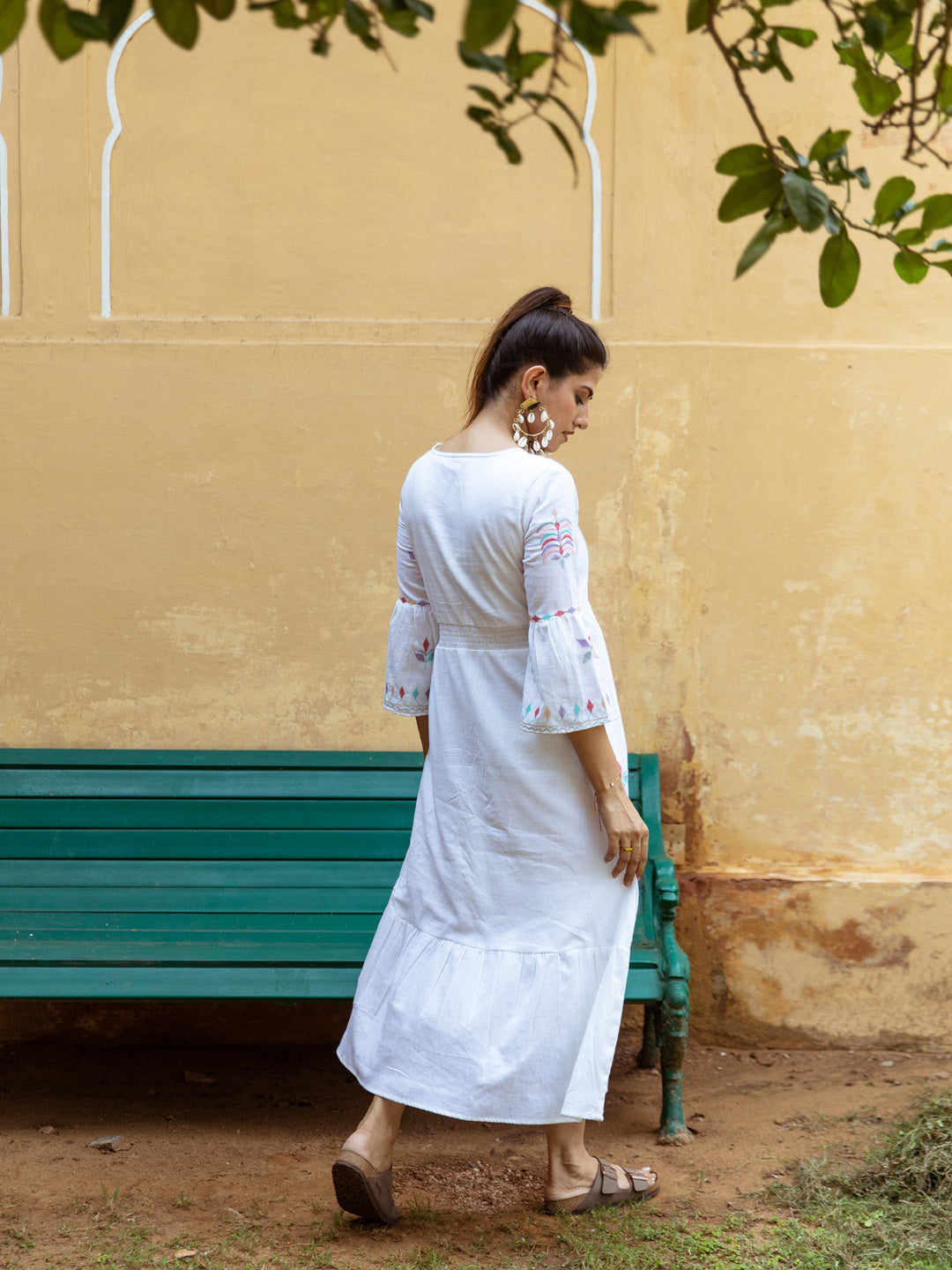 Multi-Colour Motif Embroidered V-Neck Cotton Dress