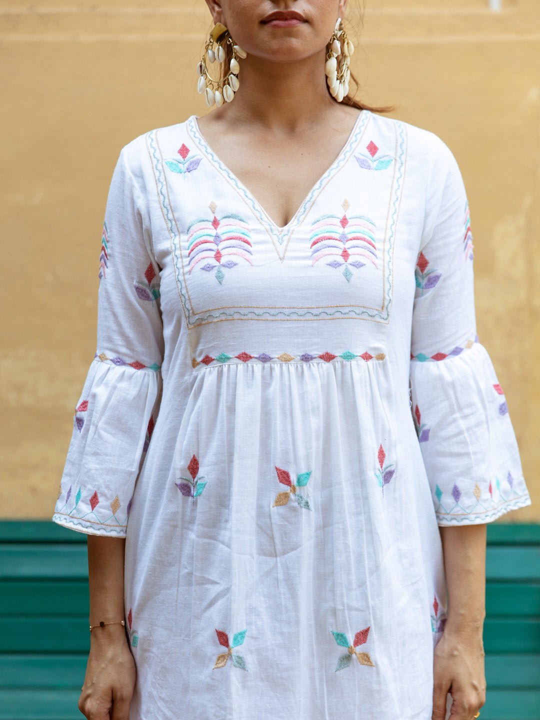 Multi-Colour Motif Embroidered V-Neck Cotton Dress