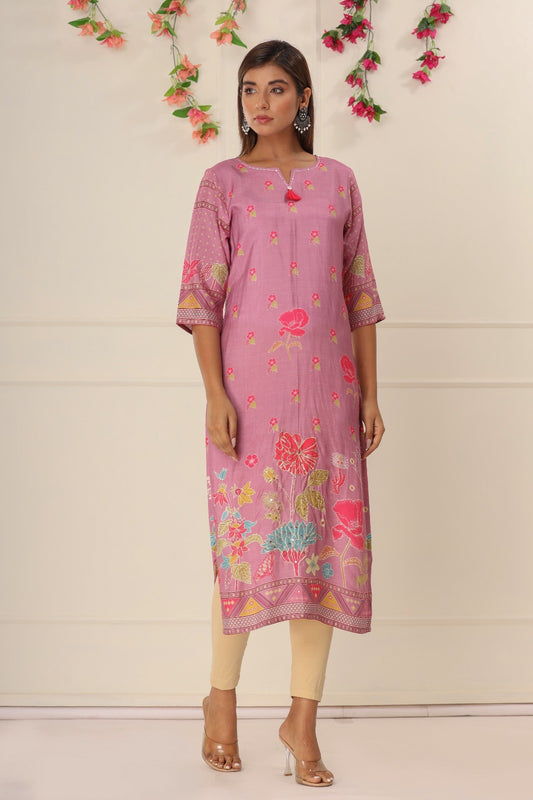 Onion Pink Crepe Floral Printed Kurti