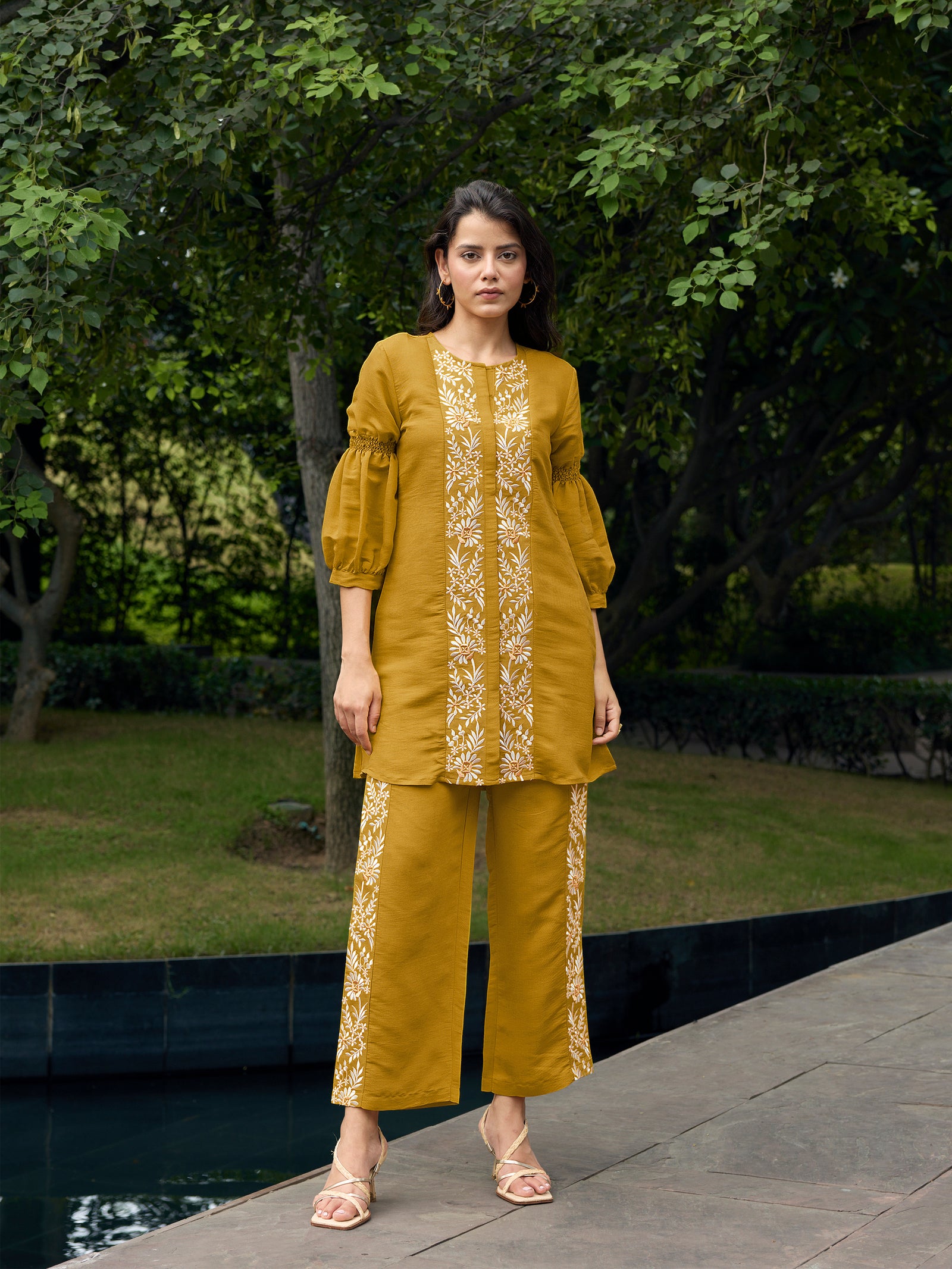 Mustard Embroidered Cotton Linen Coord Set