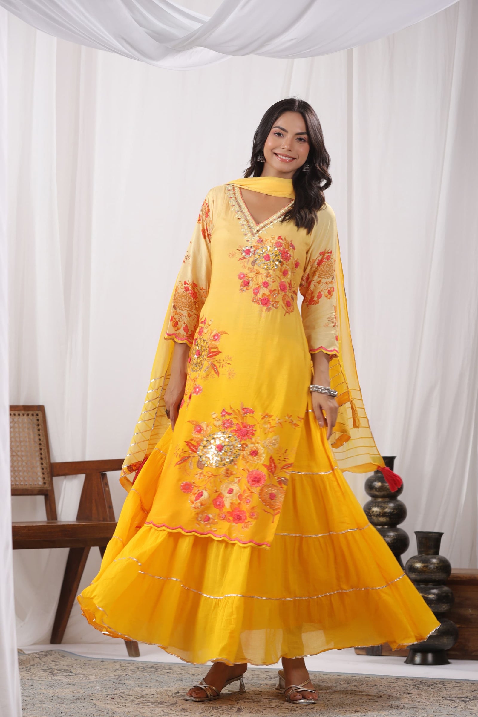 Yellow Digital Printed Muslin Anarkali with Chiffon Dupatta