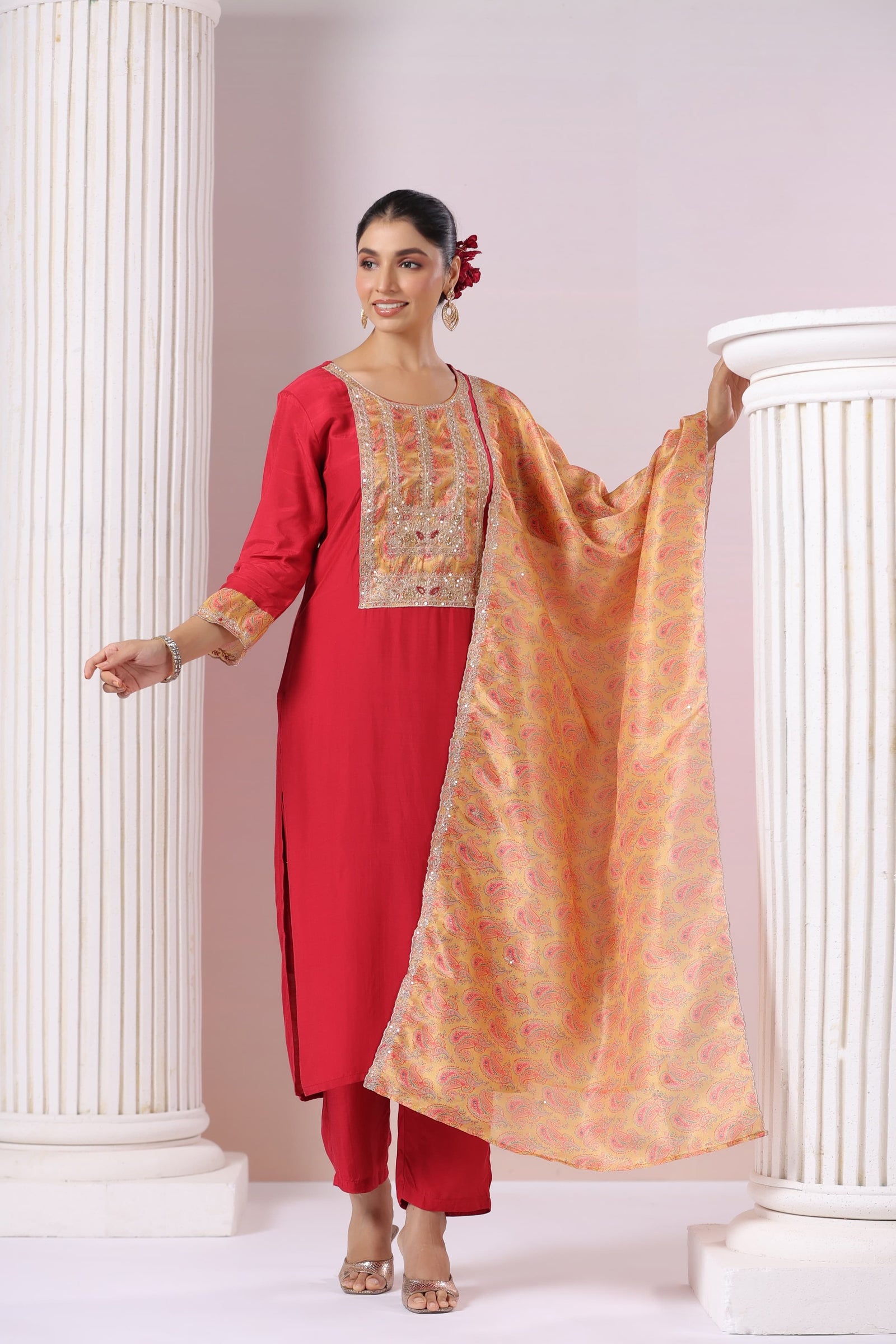 Red Modal Silk Kurta Pant Set With Dupatta