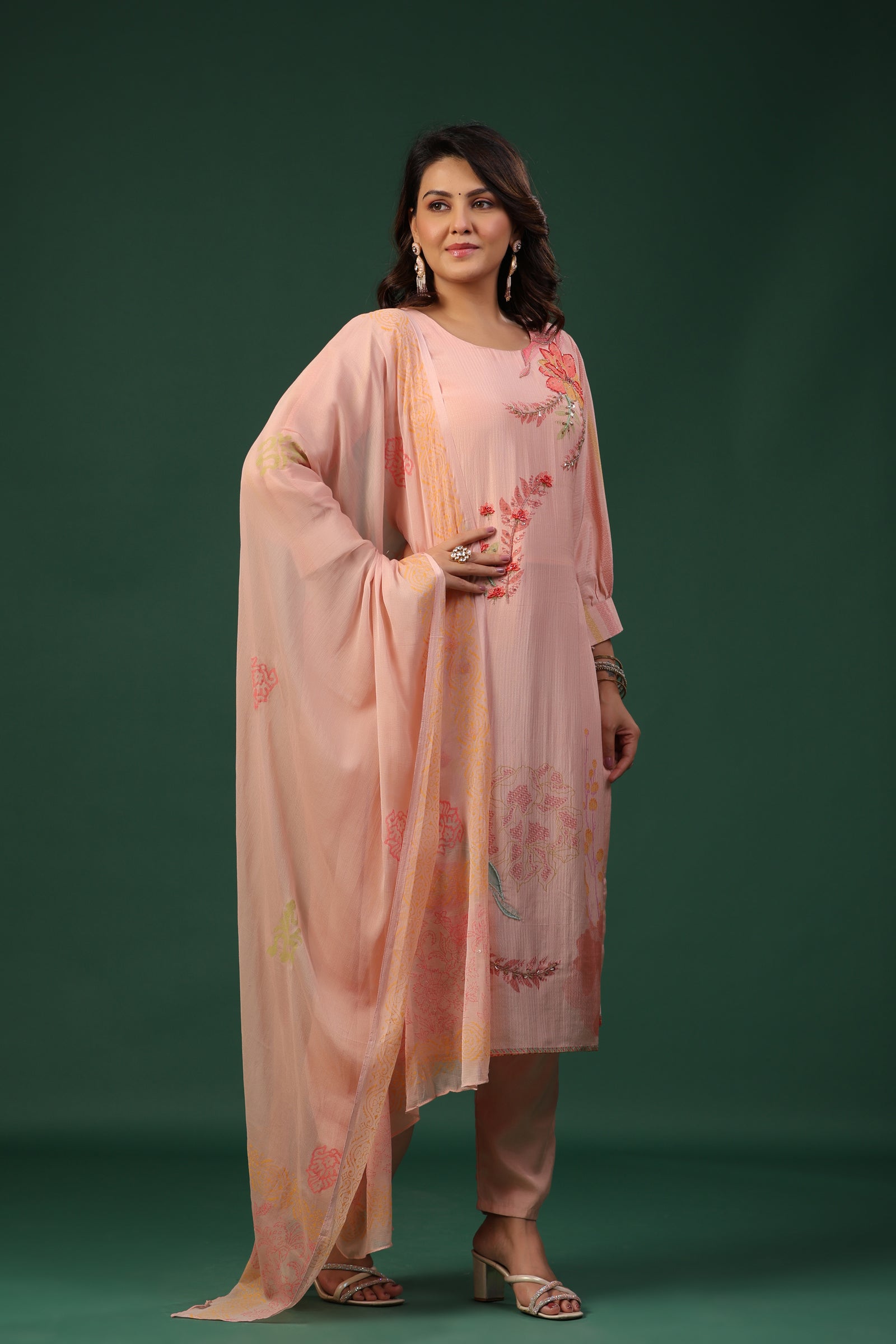 Nude Pink Embroidered Suit Set with Dupatta