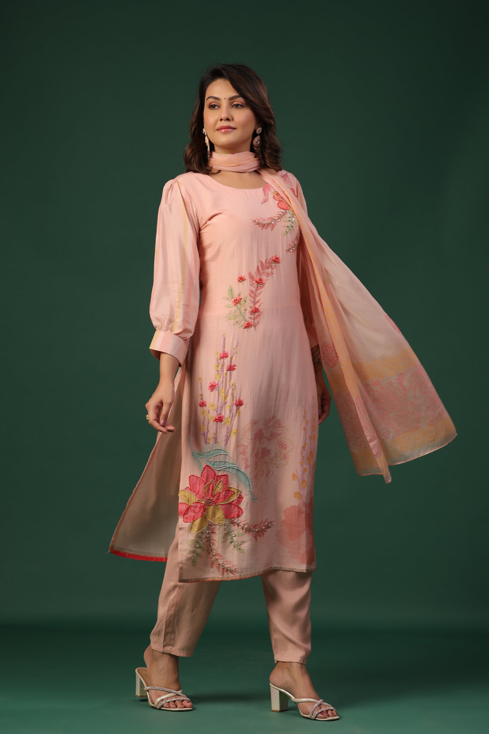 Nude Pink Embroidered Suit Set with Dupatta