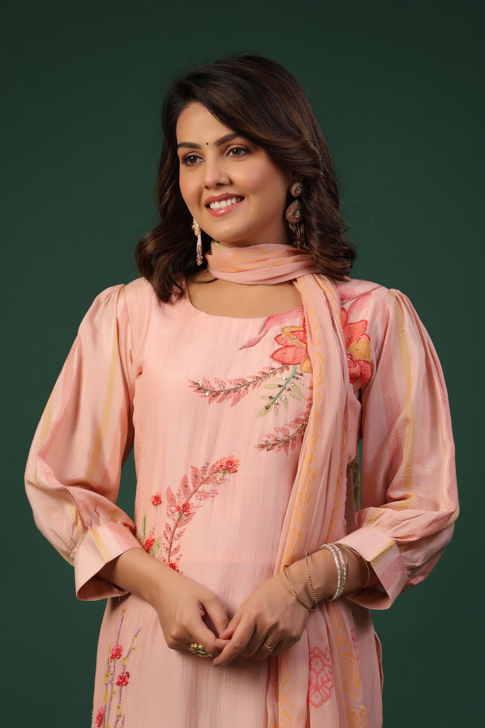 Nude Pink Embroidered Suit Set with Dupatta