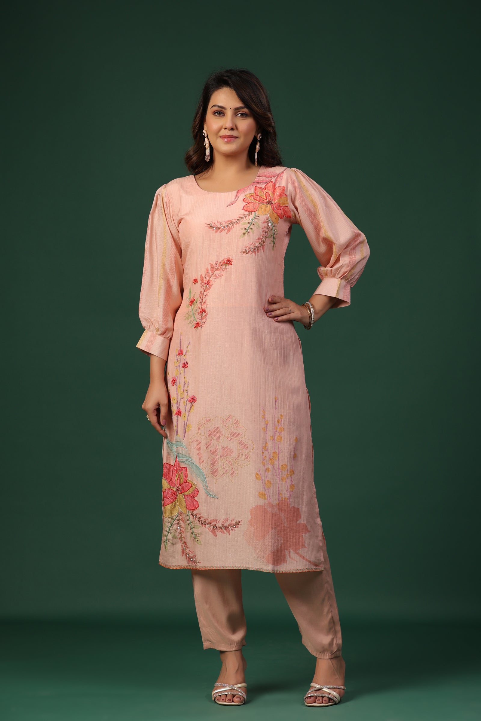 Nude Pink Embroidered Suit Set with Dupatta