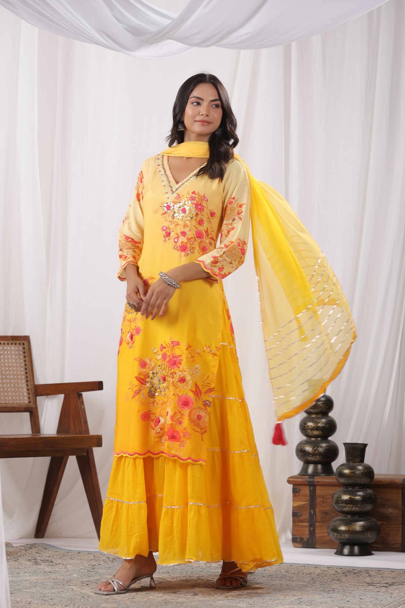 Yellow Digital Printed Muslin Anarkali with Chiffon Dupatta