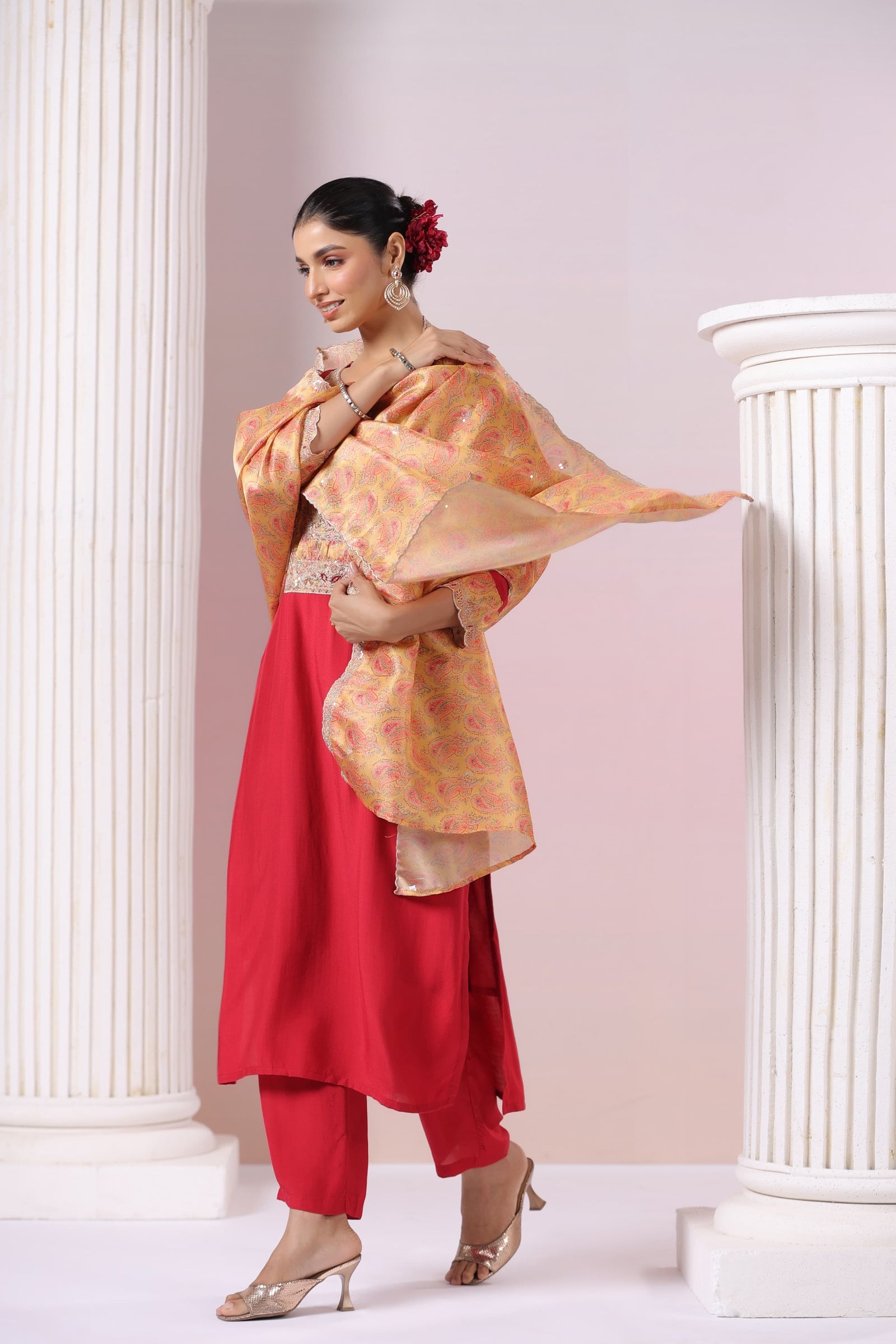 Red Modal Silk Kurta Pant Set With Dupatta