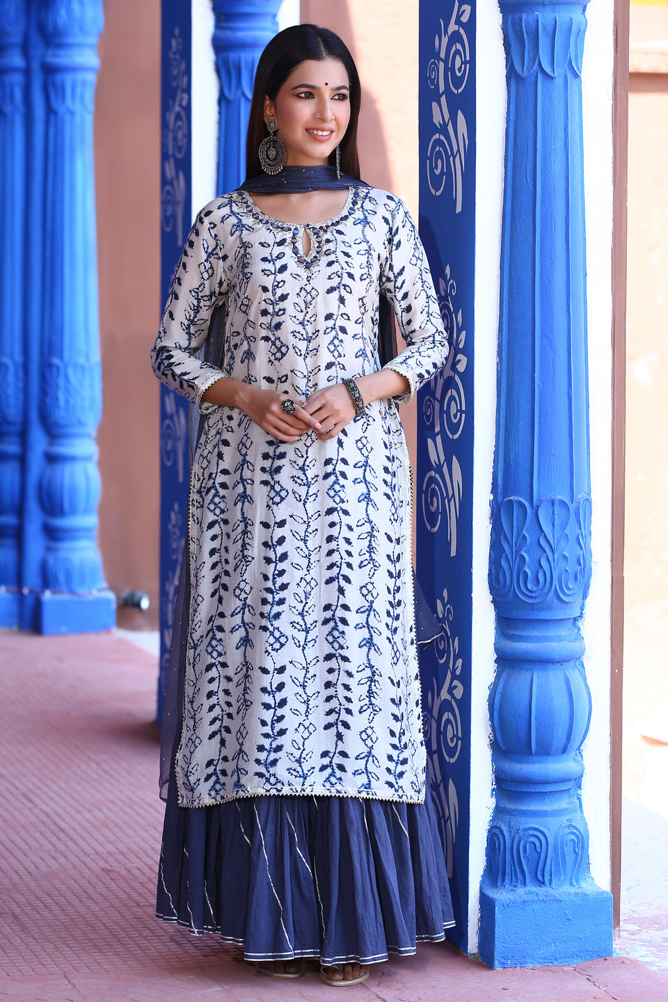 White & Blue Muslin Sharara Set