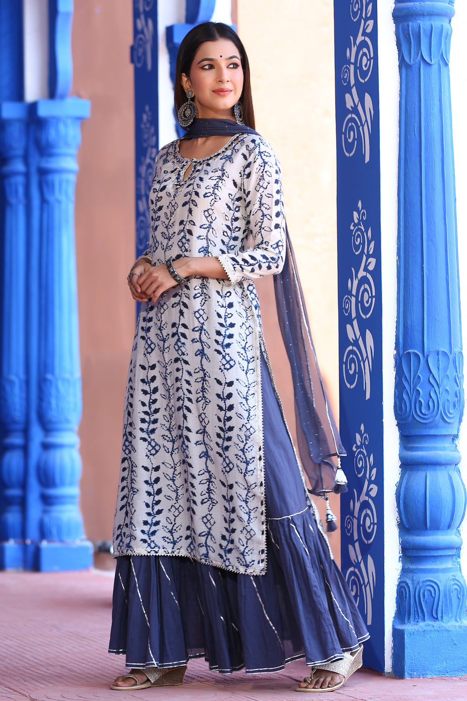 White & Blue Muslin Sharara Set