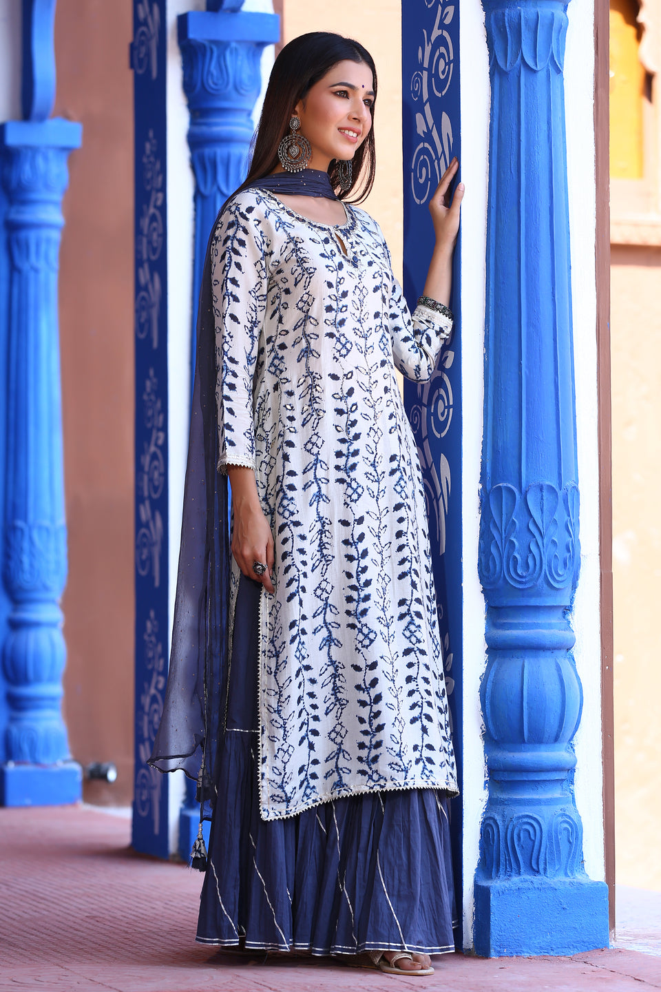 White & Blue Muslin Sharara Set