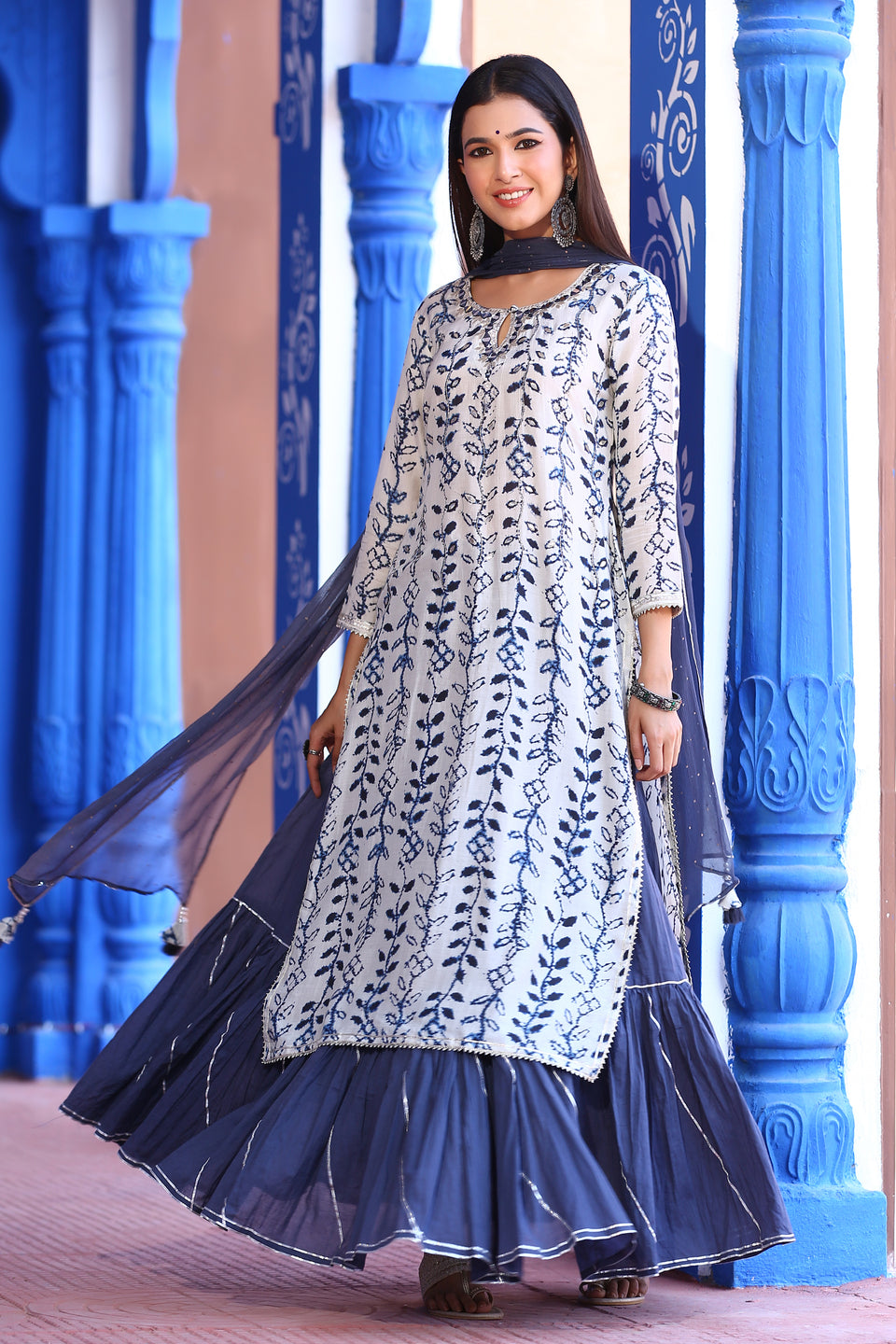 White & Blue Muslin Sharara Set