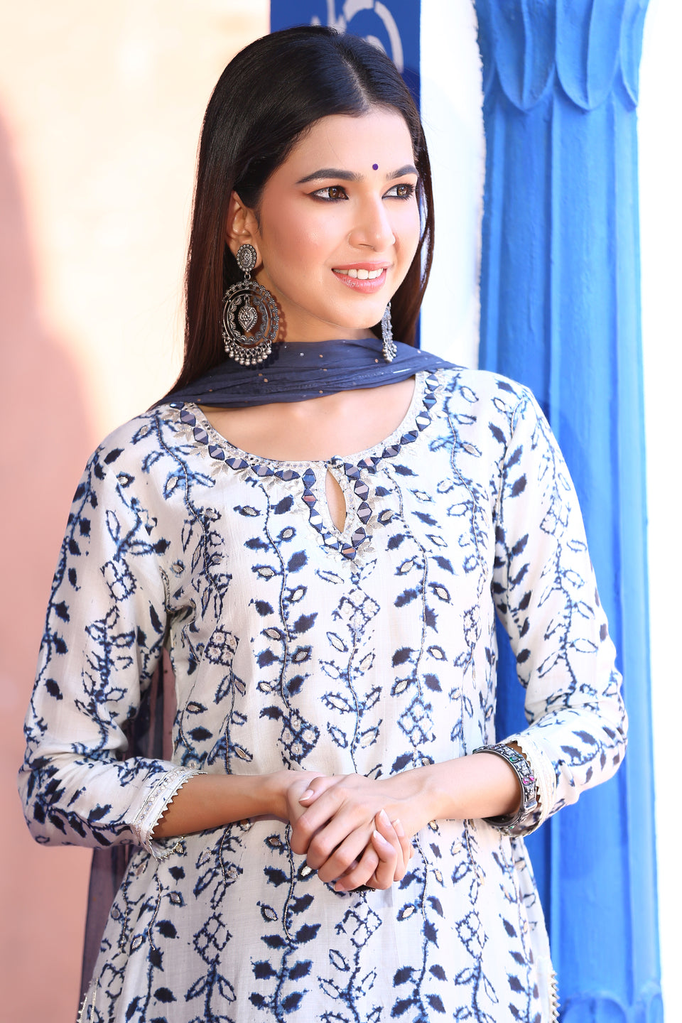 White & Blue Muslin Sharara Set