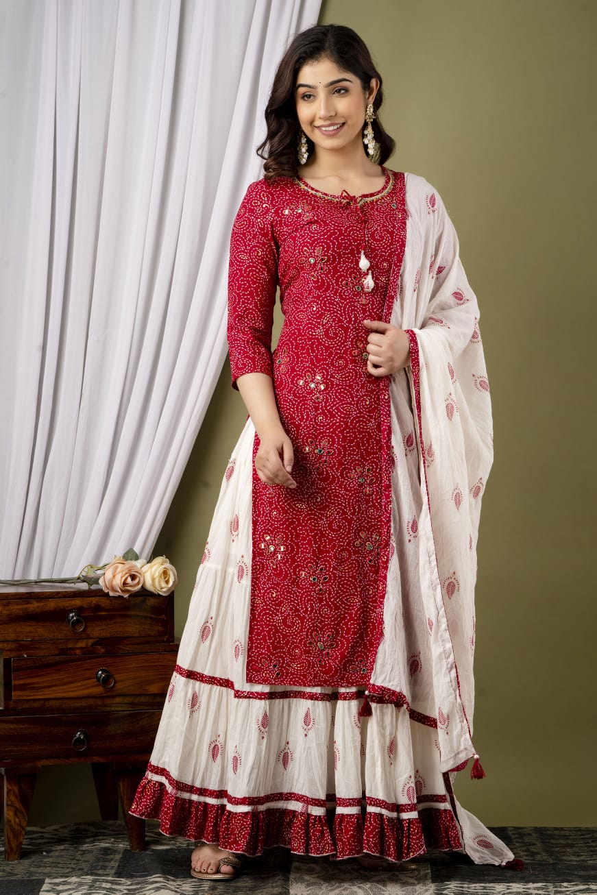 Rayon Kurta Set with Skirt and Dupatta with Embroidery