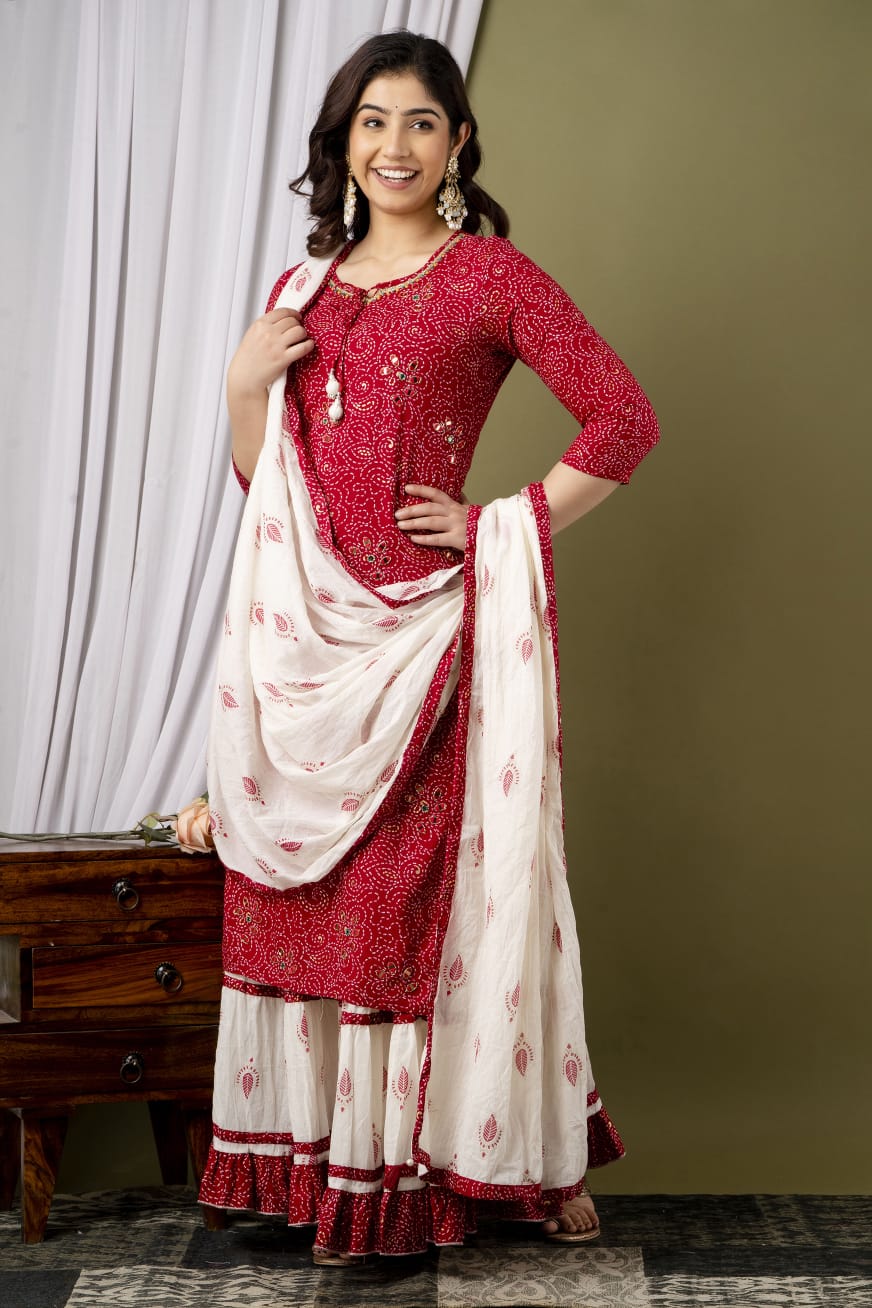 Rayon Kurta Set with Skirt and Dupatta with Embroidery