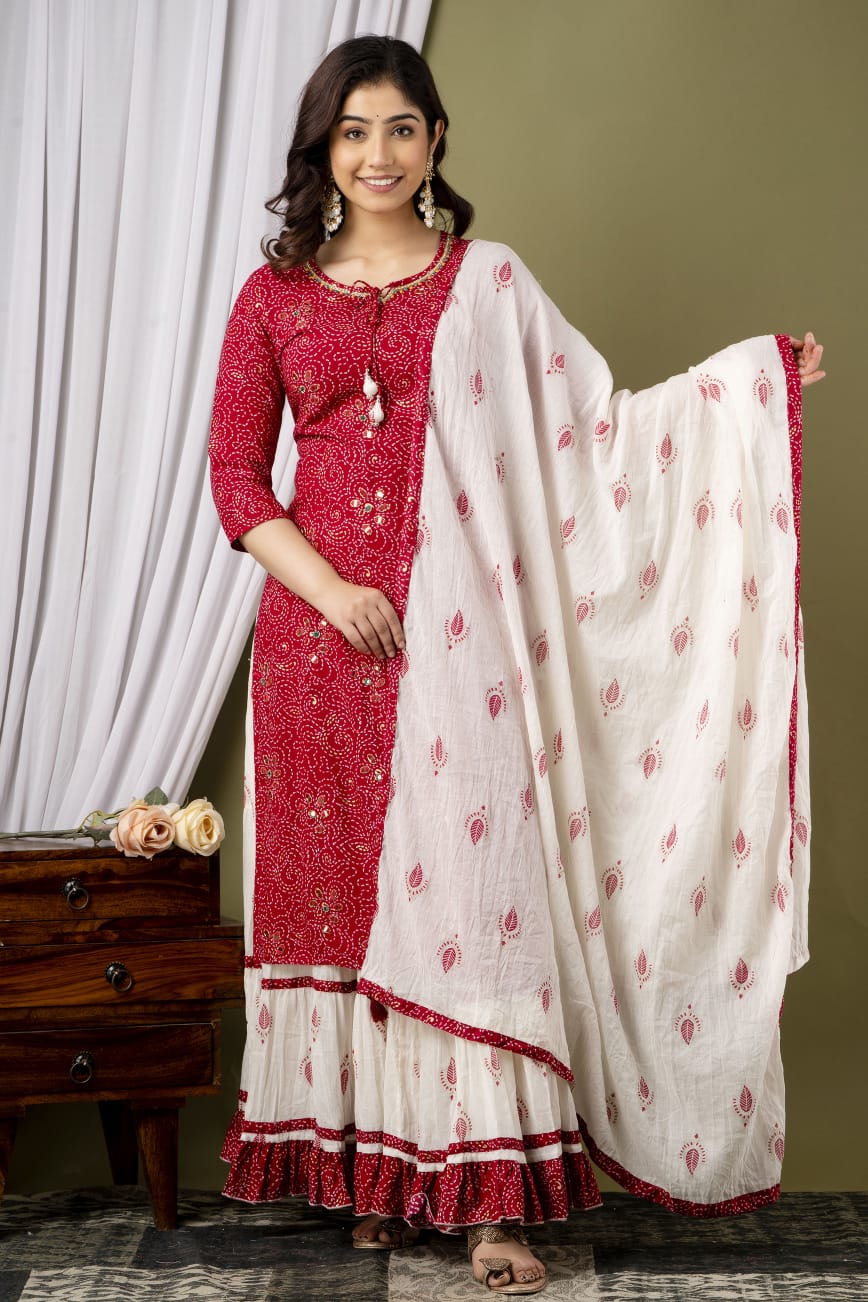 Rayon Kurta Set with Skirt and Dupatta with Embroidery