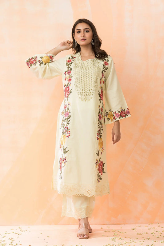 Hand Embroidered Cotton Kurta-Pant Set
