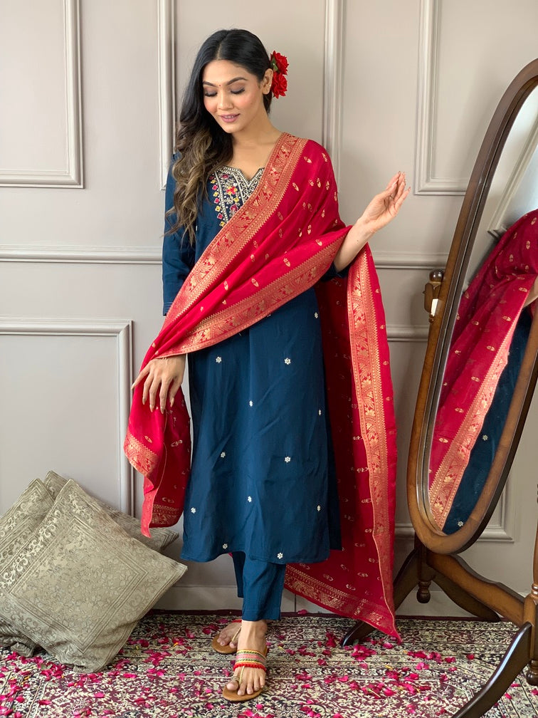 Silk Straight Suit Set with Banarasi Dupatta