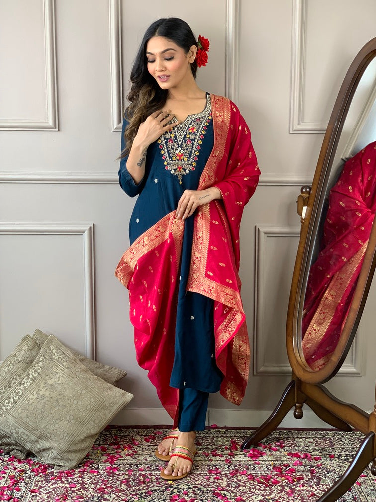 Silk Straight Suit Set with Banarasi Dupatta