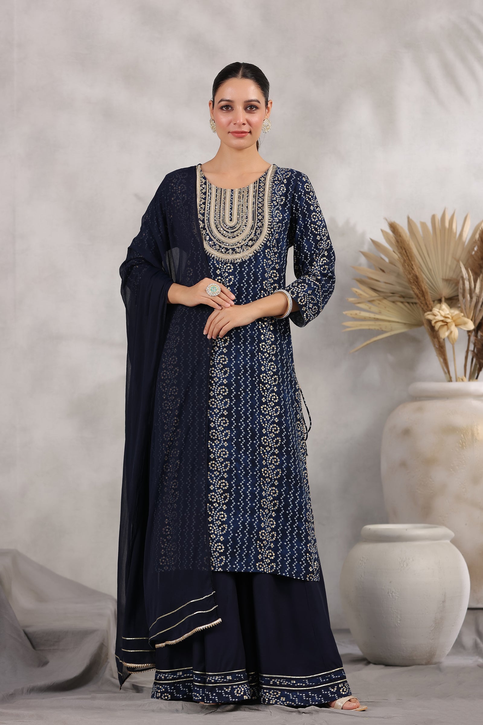 Navy Blue Color Rayon Printed Suit With Sharara