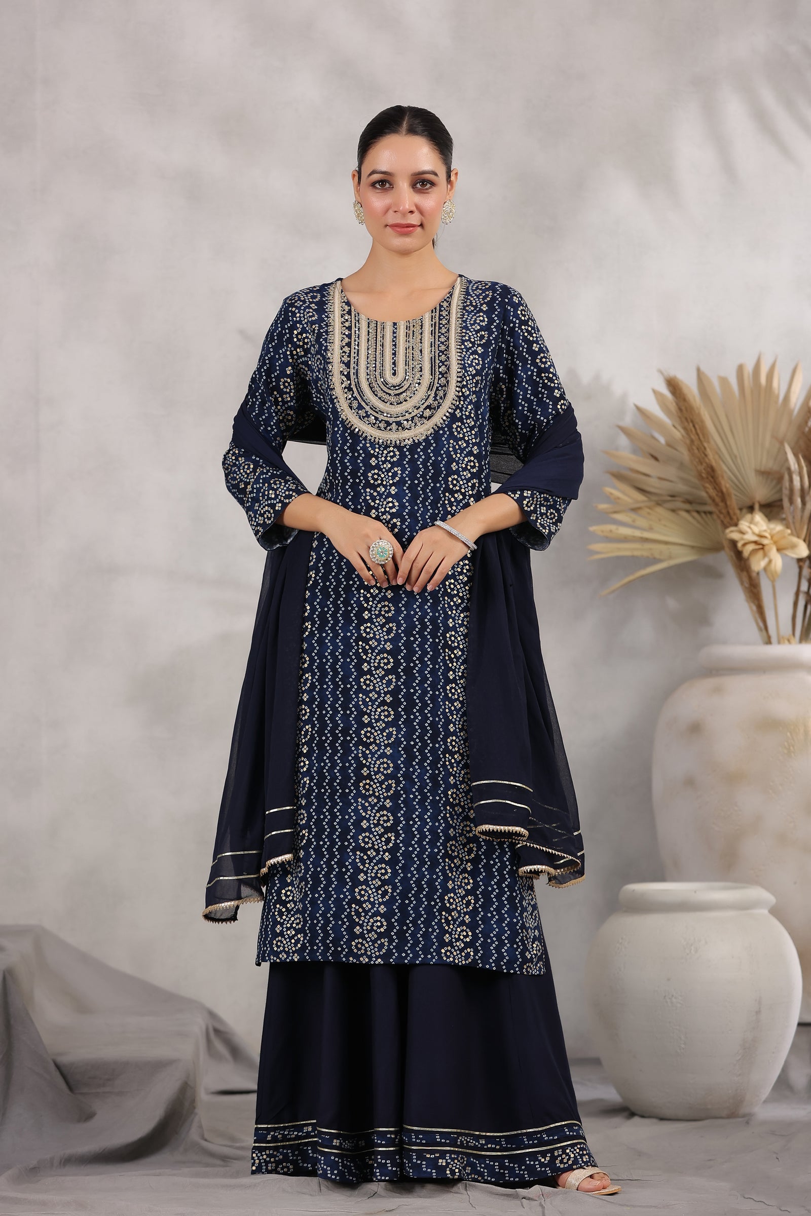 Navy Blue Color Rayon Printed Suit With Sharara