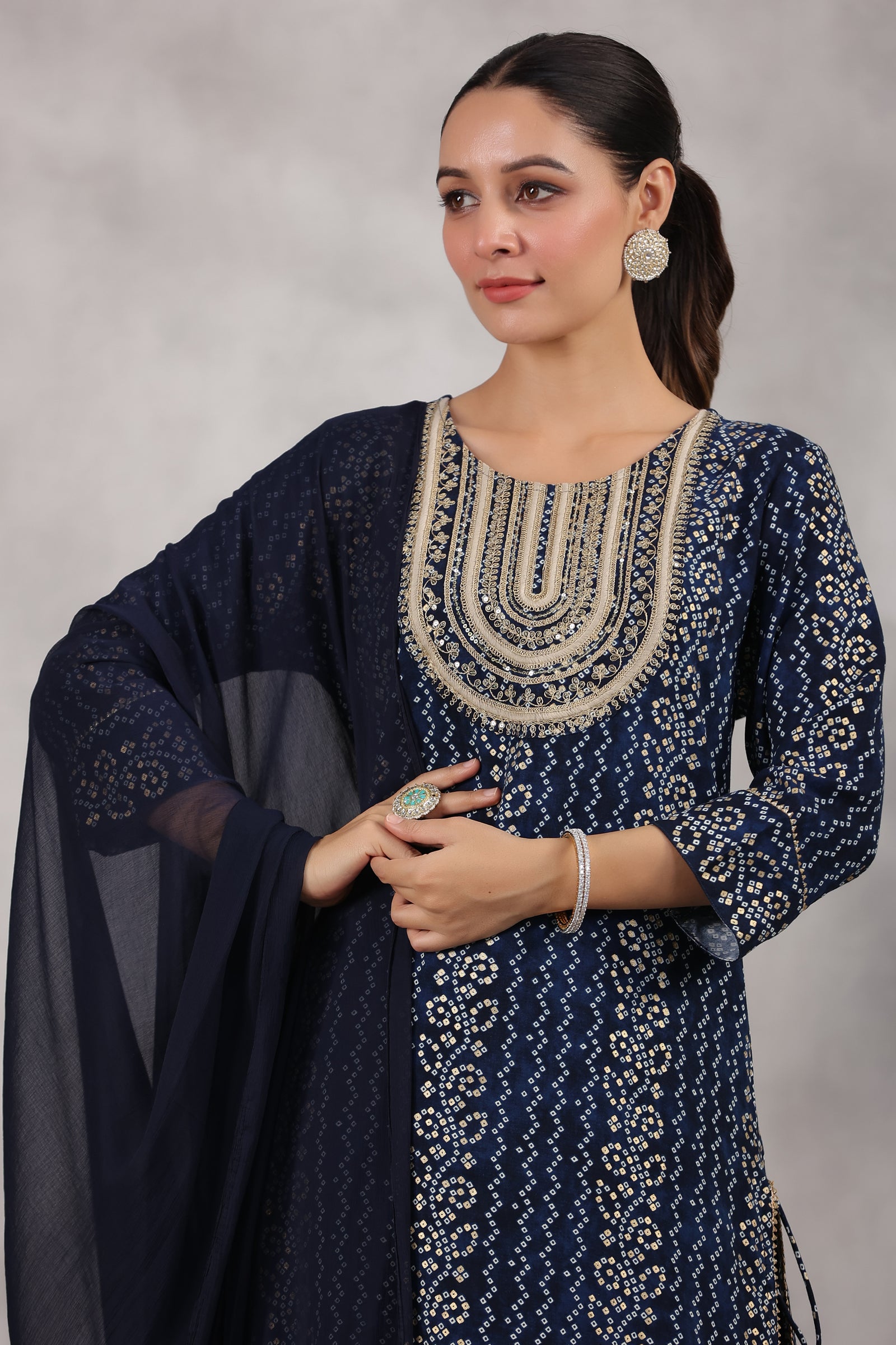 Navy Blue Color Rayon Printed Suit With Sharara