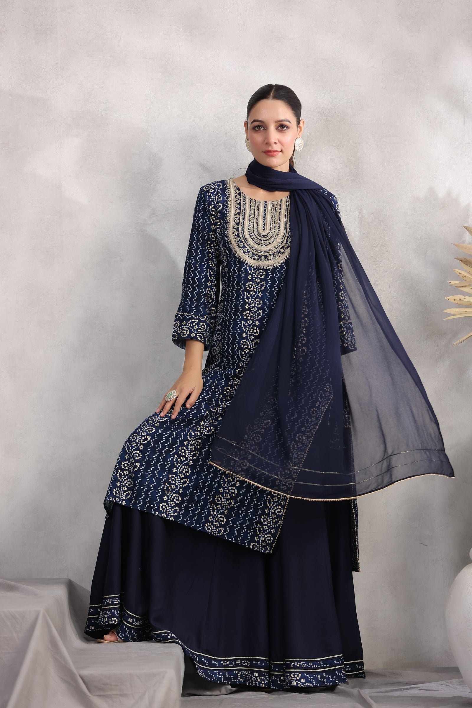 Navy Blue Color Rayon Printed Suit With Sharara