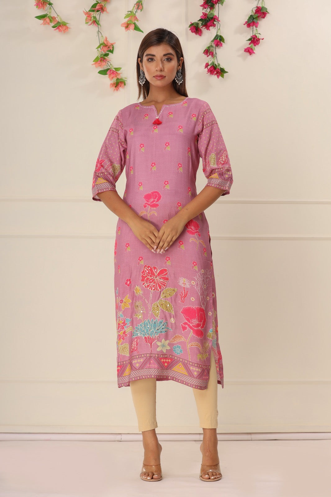 Onion Pink Crepe Floral Printed Kurti