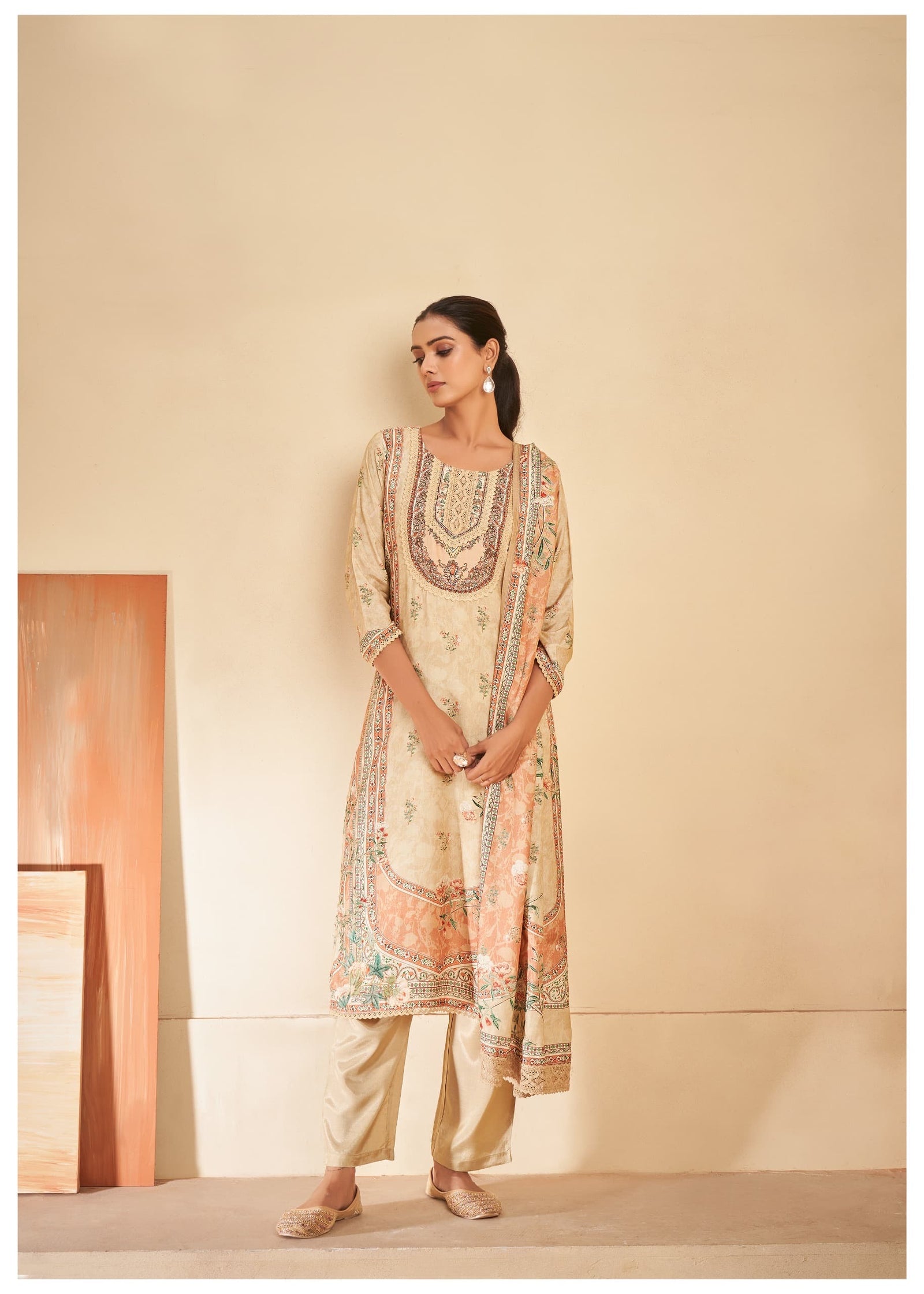 Beige Printed Kurta Set