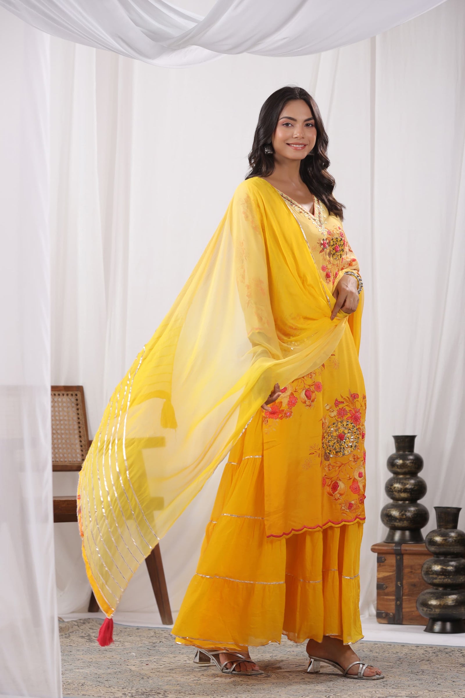 Yellow Digital Printed Muslin Anarkali with Chiffon Dupatta