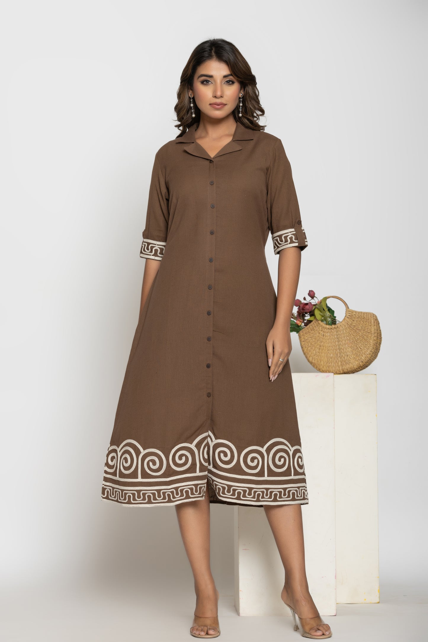 Brown A-Line Cotton Midi Dress