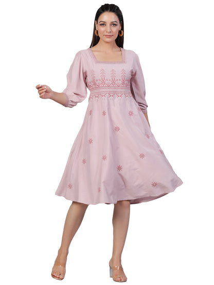 Light Pink Embroidered Cotton Mulmul Dress
