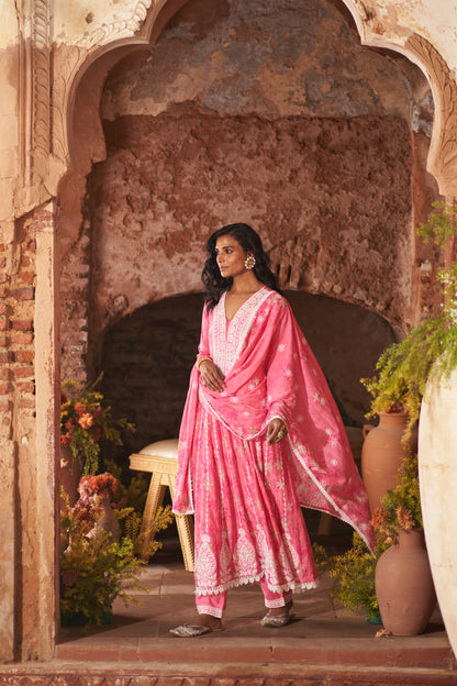 Dusty Pink Cotton Floral Printed and Resham Embroidered Anarkali Suit