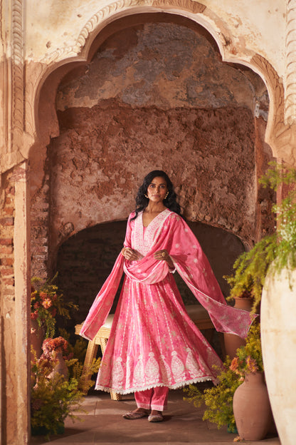 Dusty Pink Cotton Floral Printed and Resham Embroidered Anarkali Suit