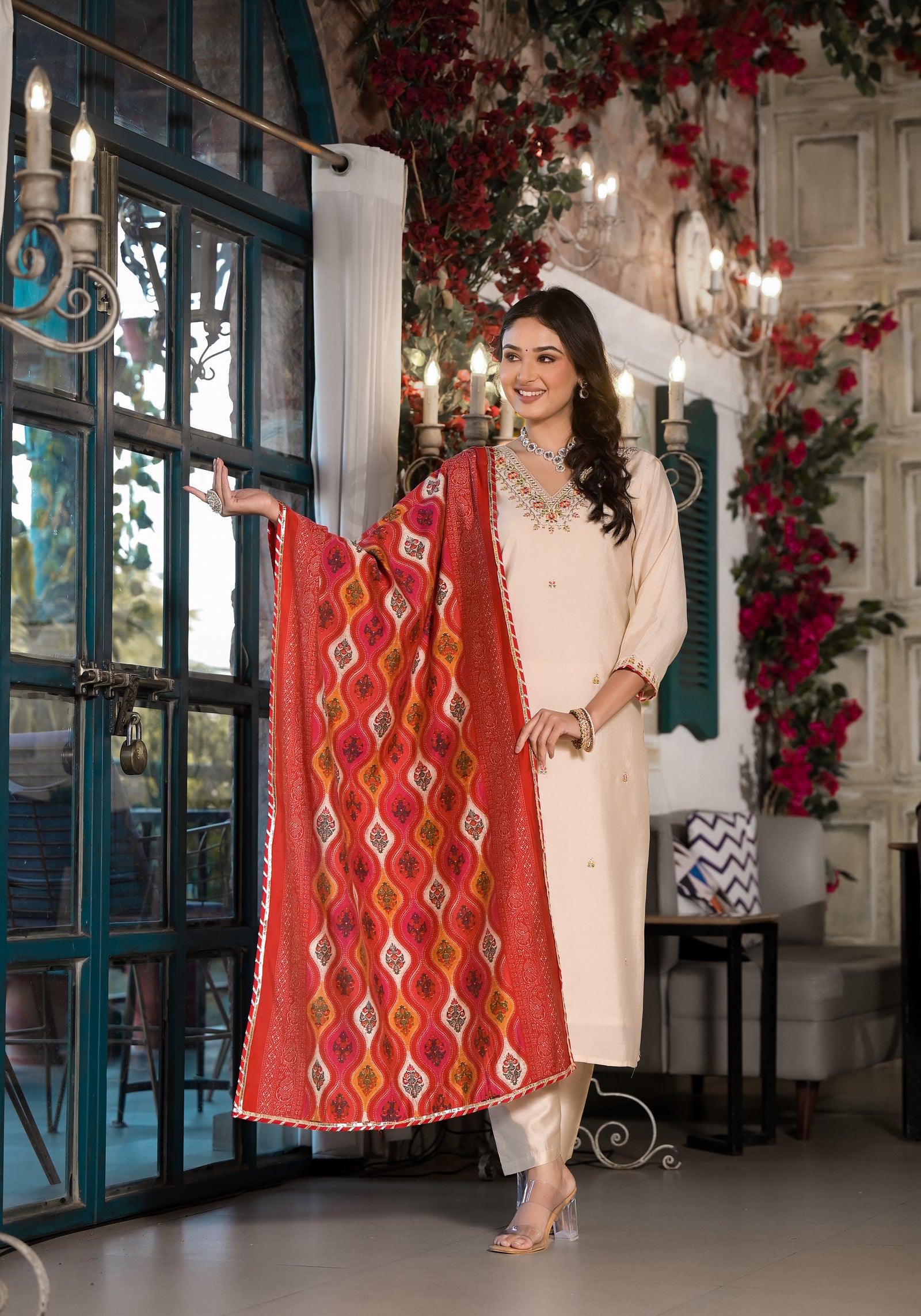 Floral Embroidered Suit Set with Dupatta