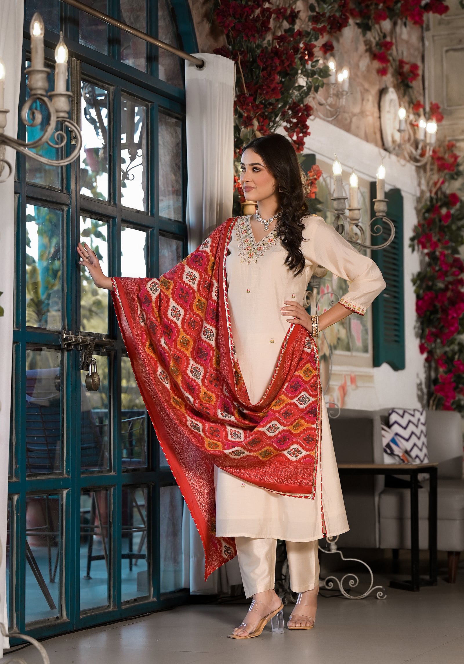 Floral Embroidered Suit Set with Dupatta