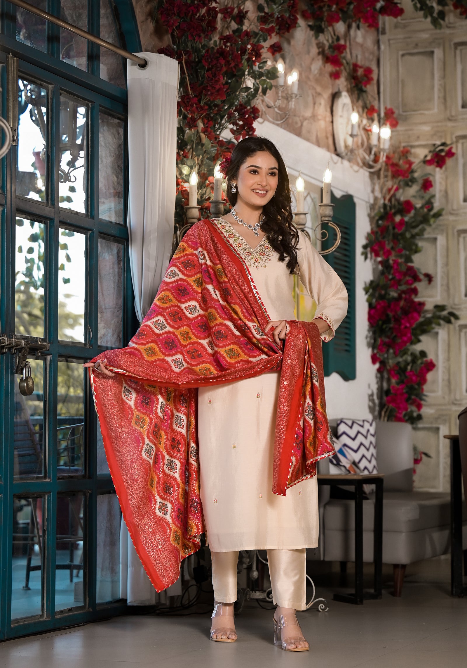 Floral Embroidered Suit Set with Dupatta