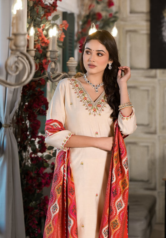 Floral Embroidered Suit Set with Dupatta